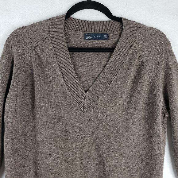 Zara Women's L V-Neck Pullover Sweater Neutral Smokey Brown Classic Academia - Picture 3 of 8